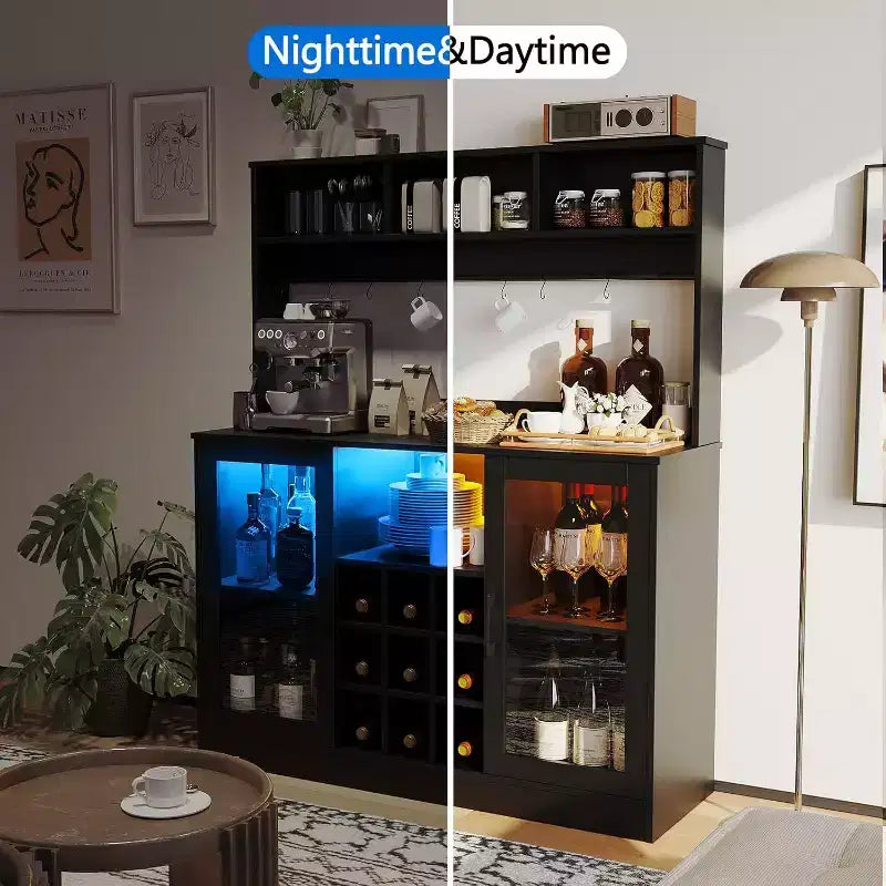 Credenza bar da 47 pollici, credenza bar per liquori, contenitore da cucina per caffè, credenza per ufficio domestico e sala da pranzo, nera