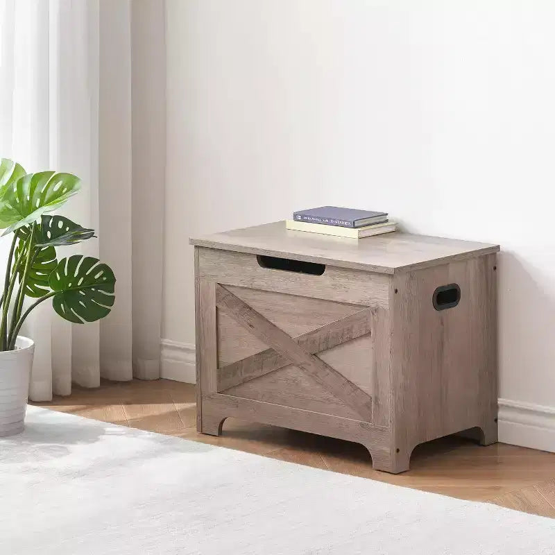 Panca Contenitore in Legno con Cerniera di Sicurezza, Seduta Multi-Uso e Organizer con Maniglie Laterali