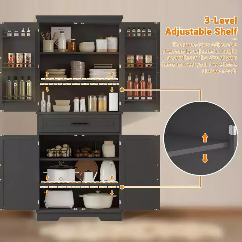 Dispensa Alta 183 cm, Armadietto da Cucina in Stile Rustico con Cassetto, 4 Ripiani Regolabili, 6 Ripiani sullo Sportello