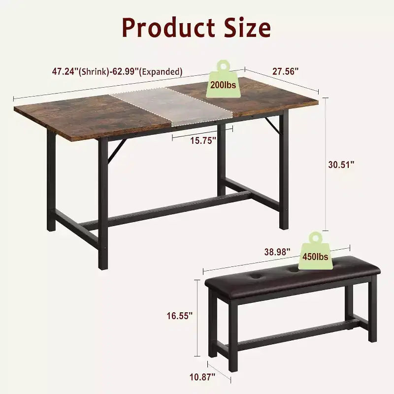Set da tavolo da pranzo rettangolare allungabile da 160 cm (63 pollici) in marrone rustico per 4-6 persone, con 2 panche morbide, design salvaspazio per piccoli ambienti