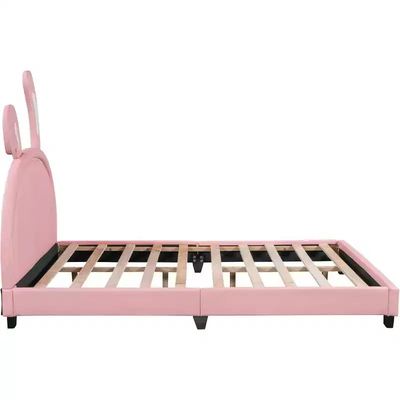 Acekool Letto a Piattaforma Imbottito Full Size con Testiera a Orecchie, Accento Coniglio per Bambini, Supporto a Doghe, Rosa