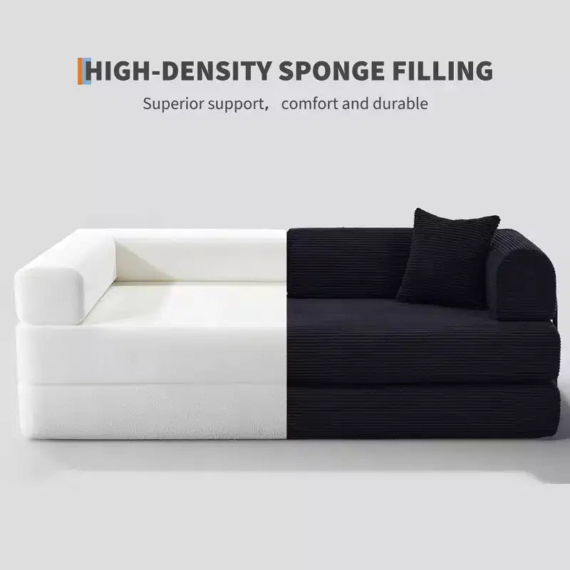 Divano Letto Trasformabile 79 Pollici, Divano Letto Pieghevole in Velluto a Coste 4-in-1 Senza Struttura con Cuscino e Forma Fissa, Materasso da Pavimento Divanetto Nero