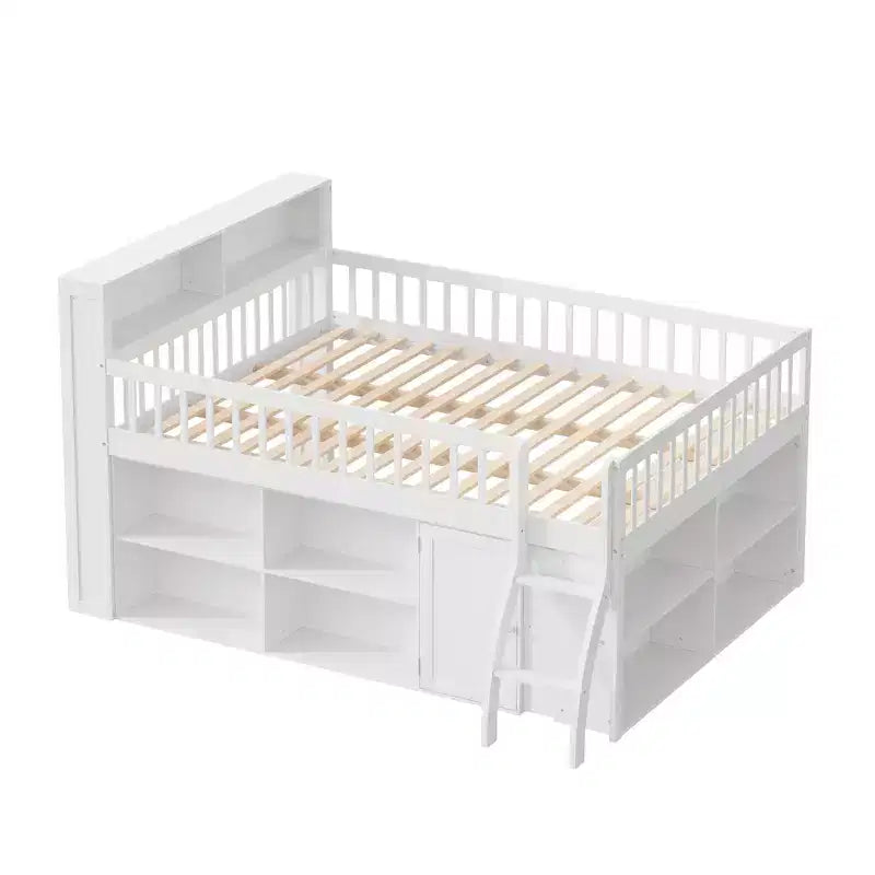 Letto a soppalco basso matrimoniale con contenitore e testiera a LED, letto a soppalco in legno con libreria contenitore, mensole e sponde per bambini