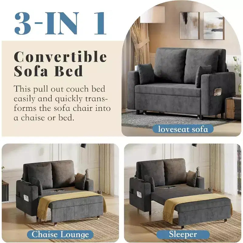 Divano Letto Estraibile 3 in 1, Divano Letto Convertibile, Divano a Due Posti con Portabicchieri, USB e Tasca Laterale, Cuscini Decorativi Inclusi