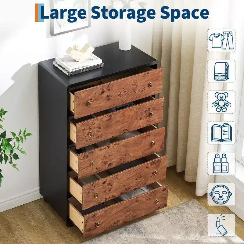Cassettiera a 5 cassetti, Cassettiera alta e moderna da 46 pollici con texture naturale, design a profilo curvo, mobile porta TV con cassetti