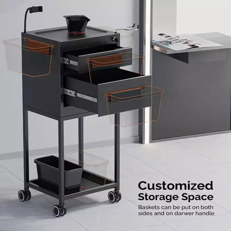 Carrello da salone in metallo con 2 cassetti con serratura