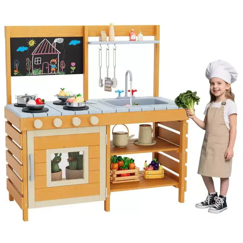 Mud Kitchen for Kids Outdoor Playset Kitchen with Cookware Pretend Stove Single Door Cabinet Bottom Storage Shelves Ideal Gift for Boys Girls 3-8