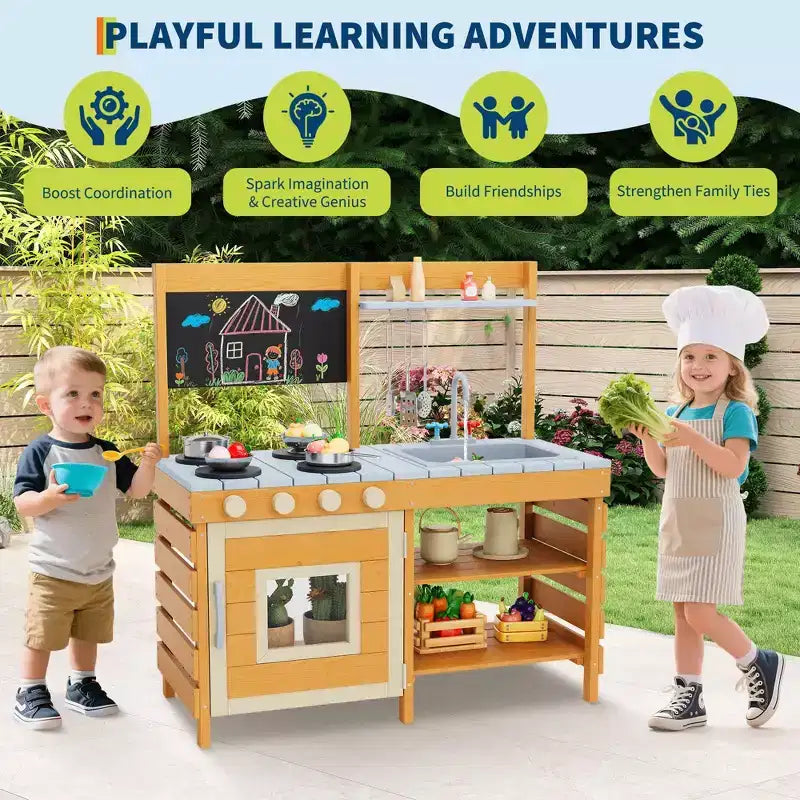 Cucina Giocattolo da Esterno per Bambini, con Utensili da Cucina, Fornello Giocattolo, Armadietto ad un'Anta, Ripiani Contenitori Inferiori, Regalo Ideale per Bambini e Bambine di 3-8 Anni