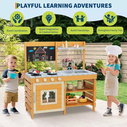 Cucina Giocattolo da Esterno per Bambini, con Utensili da Cucina, Fornello Giocattolo, Armadietto ad un'Anta, Ripiani Contenitori Inferiori, Regalo Ideale per Bambini e Bambine di 3-8 Anni