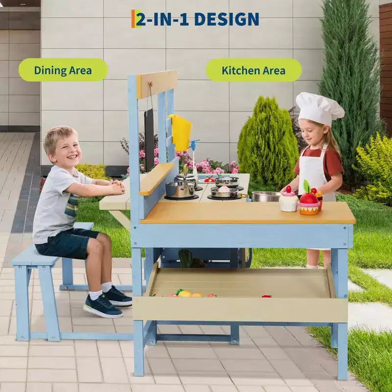 Cucina da Esterno in Legno 2 in 1 per Bambini, Cucina Giocattolo in Legno con Tavolo da Picnic, Lavello Rimovibile e Rubinetto, Playset per Bambini dai 3 Anni in su