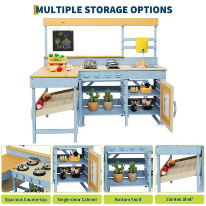 Cucina da Esterno in Legno 2 in 1 per Bambini, Cucina Giocattolo in Legno con Tavolo da Picnic, Lavello Rimovibile e Rubinetto, Playset per Bambini dai 3 Anni in su