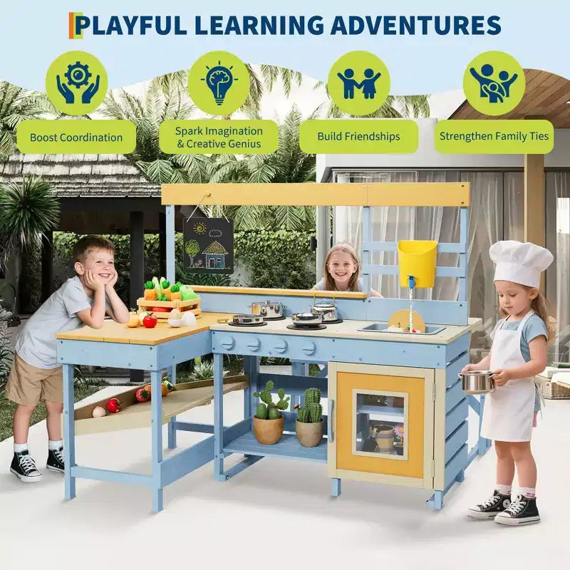 Cucina da Esterno in Legno 2 in 1 per Bambini, Cucina Giocattolo in Legno con Tavolo da Picnic, Lavello Rimovibile e Rubinetto, Playset per Bambini dai 3 Anni in su