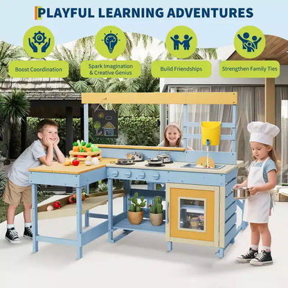 Cucina da Esterno in Legno 2 in 1 per Bambini, Cucina Giocattolo in Legno con Tavolo da Picnic, Lavello Rimovibile e Rubinetto, Playset per Bambini dai 3 Anni in su