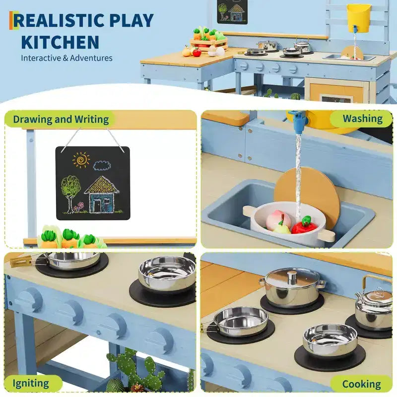 Cucina da Esterno in Legno 2 in 1 per Bambini, Cucina Giocattolo in Legno con Tavolo da Picnic, Lavello Rimovibile e Rubinetto, Playset per Bambini dai 3 Anni in su