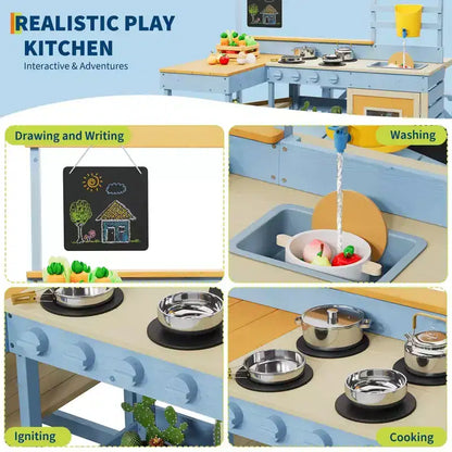 Cucina da Esterno in Legno 2 in 1 per Bambini, Cucina Giocattolo in Legno con Tavolo da Picnic, Lavello Rimovibile e Rubinetto, Playset per Bambini dai 3 Anni in su