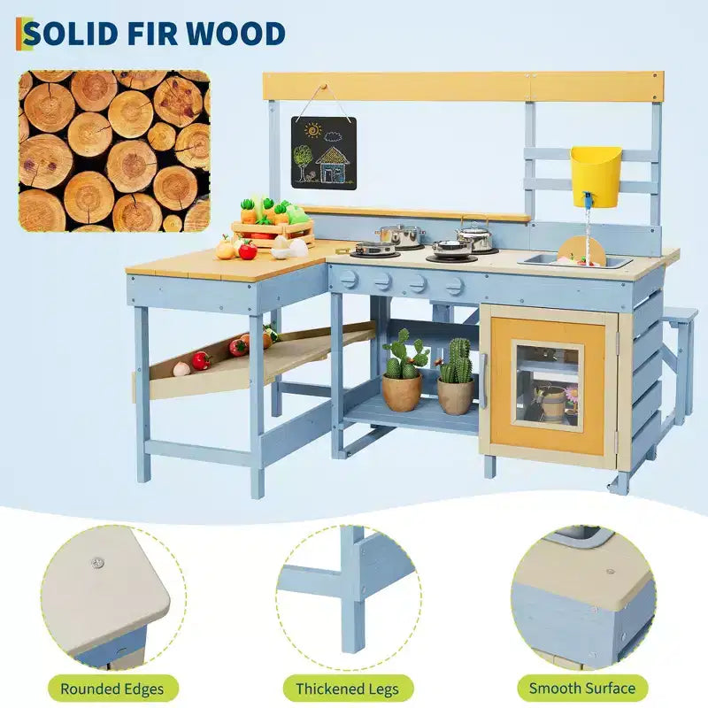 Cucina da Esterno in Legno 2 in 1 per Bambini, Cucina Giocattolo in Legno con Tavolo da Picnic, Lavello Rimovibile e Rubinetto, Playset per Bambini dai 3 Anni in su
