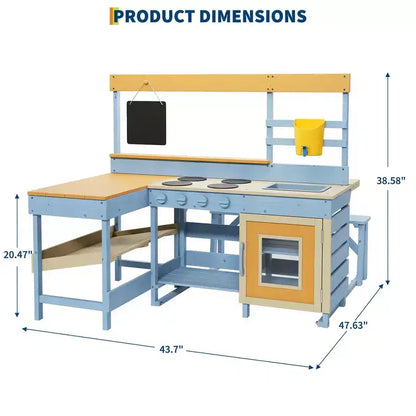 Cucina da Esterno in Legno 2 in 1 per Bambini, Cucina Giocattolo in Legno con Tavolo da Picnic, Lavello Rimovibile e Rubinetto, Playset per Bambini dai 3 Anni in su
