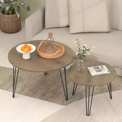 27.56'' Round Nesting Coffee Table Set of 2, Circular Nesting End Table Set, Round Wooden Tabletop