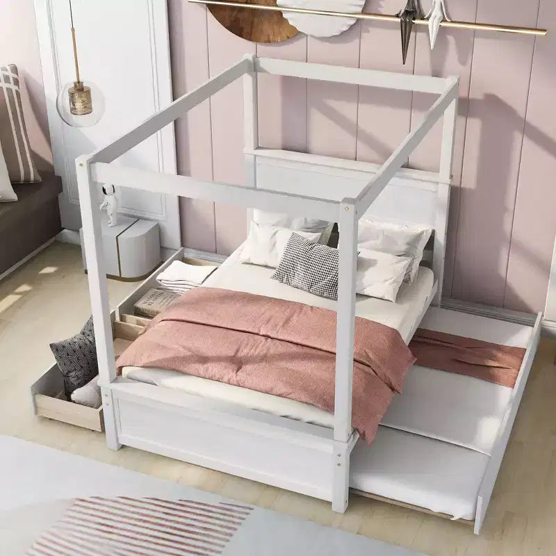 Letto a baldacchino in legno con letto estraibile e due cassetti, letto a baldacchino a piattaforma matrimoniale con doghe di supporto. Non è necessaria la rete a molle, bianco spazzolato.