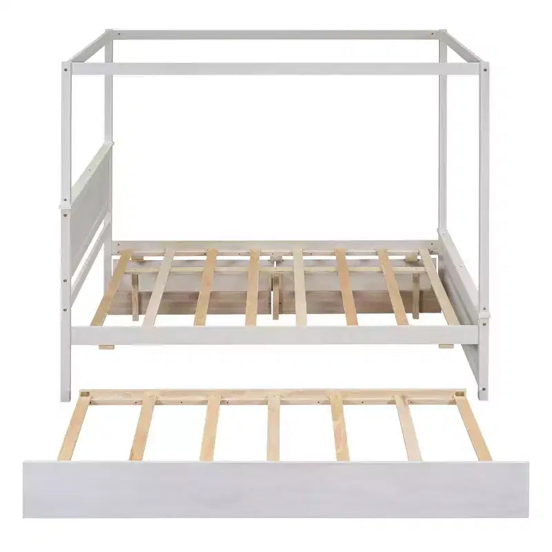 Letto a baldacchino in legno con letto estraibile e due cassetti, letto a baldacchino a piattaforma matrimoniale con doghe di supporto. Non è necessaria la rete a molle, bianco spazzolato.