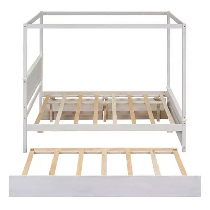 Letto a baldacchino in legno con letto estraibile e due cassetti, letto a baldacchino a piattaforma matrimoniale con doghe di supporto. Non è necessaria la rete a molle, bianco spazzolato.