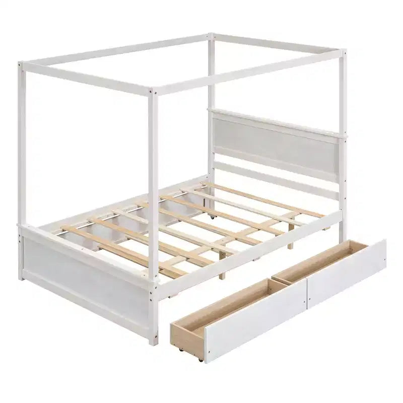 Letto a baldacchino in legno con letto estraibile e due cassetti, letto a baldacchino a piattaforma matrimoniale con doghe di supporto. Non è necessaria la rete a molle, bianco spazzolato.