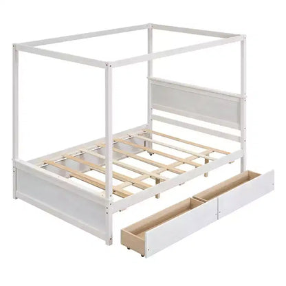 Letto a baldacchino in legno con letto estraibile e due cassetti, letto a baldacchino a piattaforma matrimoniale con doghe di supporto. Non è necessaria la rete a molle, bianco spazzolato.