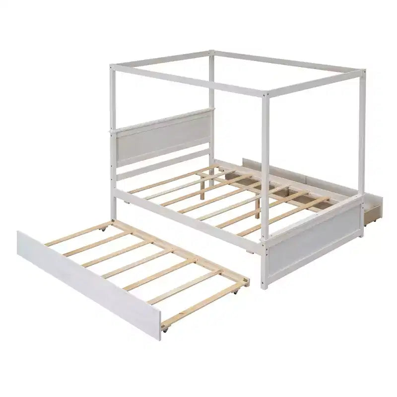 Letto a baldacchino in legno con letto estraibile e due cassetti, letto a baldacchino a piattaforma matrimoniale con doghe di supporto. Non è necessaria la rete a molle, bianco spazzolato.