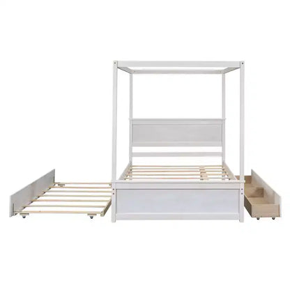 Letto a baldacchino in legno con letto estraibile e due cassetti, letto a baldacchino a piattaforma matrimoniale con doghe di supporto. Non è necessaria la rete a molle, bianco spazzolato.