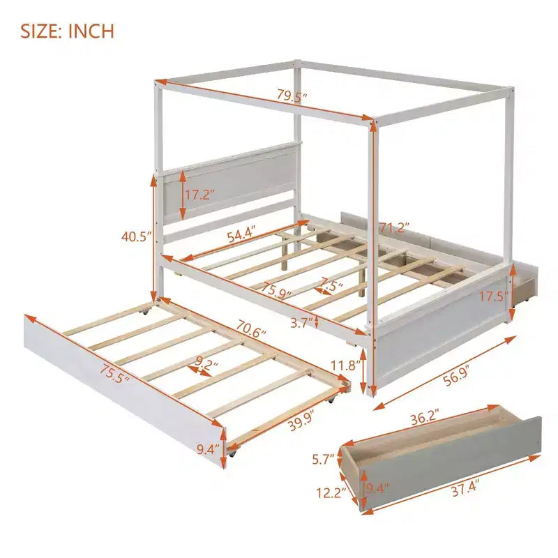 Letto a baldacchino in legno con letto estraibile e due cassetti, letto a baldacchino a piattaforma matrimoniale con doghe di supporto. Non è necessaria la rete a molle, bianco spazzolato.