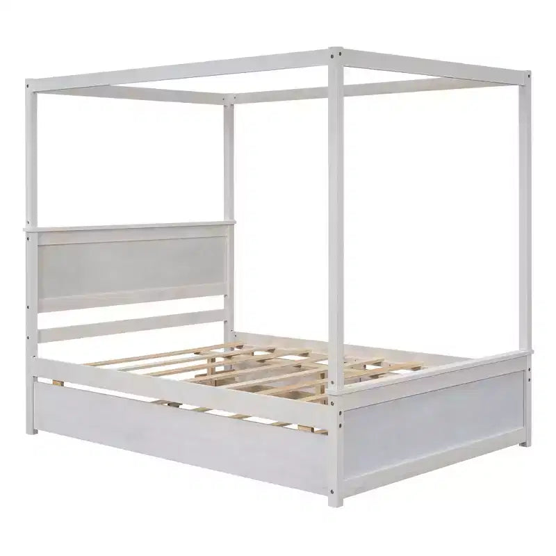 Letto a baldacchino in legno con letto estraibile e due cassetti, letto a baldacchino a piattaforma matrimoniale con doghe di supporto. Non è necessaria la rete a molle, bianco spazzolato.