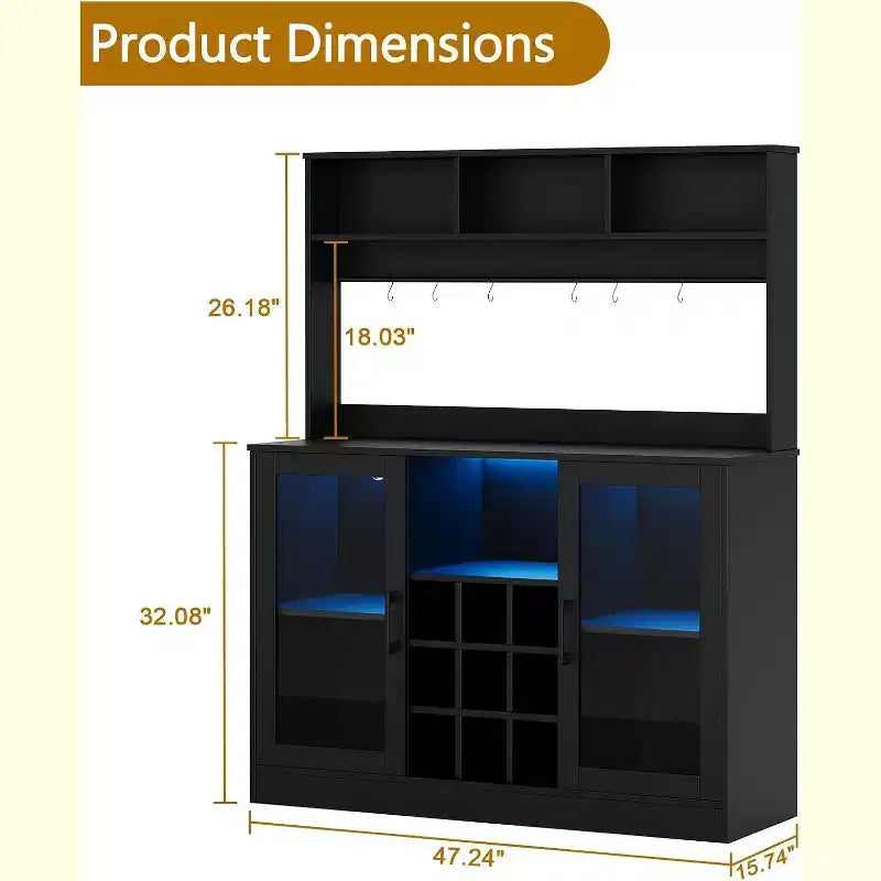 Credenza bar da 47 pollici, credenza bar per liquori, contenitore da cucina per caffè, credenza per ufficio domestico e sala da pranzo, nera