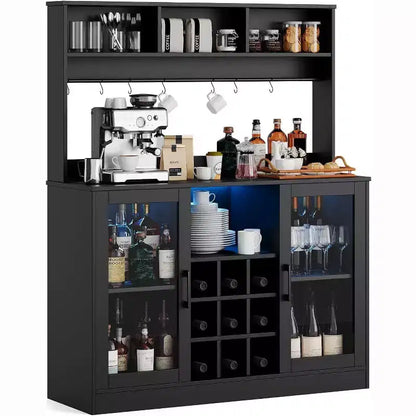 Credenza bar da 47 pollici, credenza bar per liquori, contenitore da cucina per caffè, credenza per ufficio domestico e sala da pranzo, nera