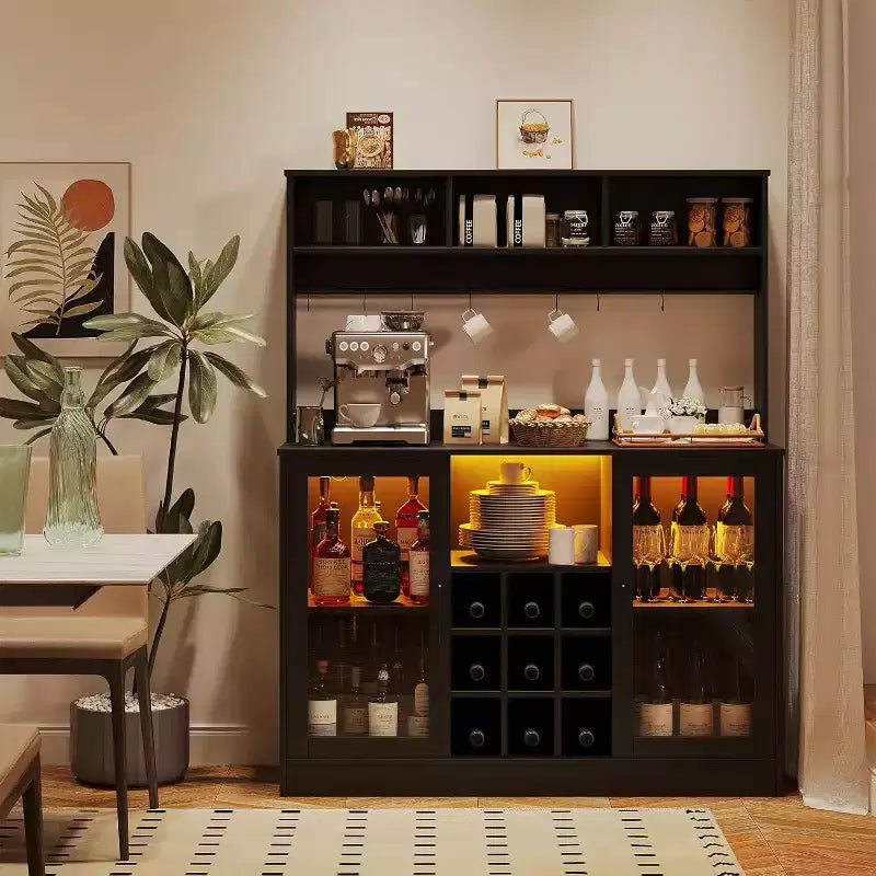 Credenza bar da 47 pollici, credenza bar per liquori, contenitore da cucina per caffè, credenza per ufficio domestico e sala da pranzo, nera