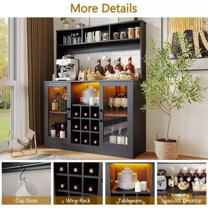 Credenza bar da 47 pollici, credenza bar per liquori, contenitore da cucina per caffè, credenza per ufficio domestico e sala da pranzo, nera