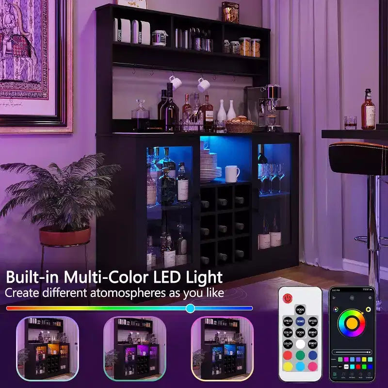 Credenza bar da 47 pollici, credenza bar per liquori, contenitore da cucina per caffè, credenza per ufficio domestico e sala da pranzo, nera
