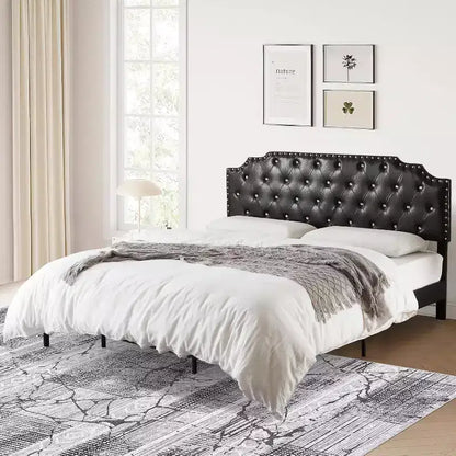 Acekool King Platform Bed Frame, Black Upholstered, Button Tufted Headboard, 6in Underbed Storage, Wooden Slats, No Box Spring, Easy Assembly