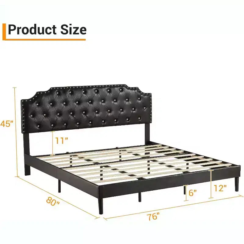 Letto king size con piattaforma, imbottito nero, testiera trapuntata con bottoni, 15 cm di spazio sotto il letto, doghe in legno, senza rete a molle, facile montaggio