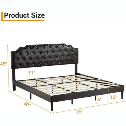 Letto king size con piattaforma, imbottito nero, testiera trapuntata con bottoni, 15 cm di spazio sotto il letto, doghe in legno, senza rete a molle, facile montaggio