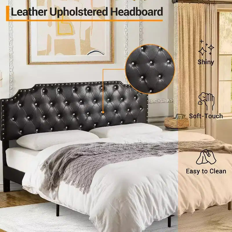 Letto king size con piattaforma, imbottito nero, testiera trapuntata con bottoni, 15 cm di spazio sotto il letto, doghe in legno, senza rete a molle, facile montaggio