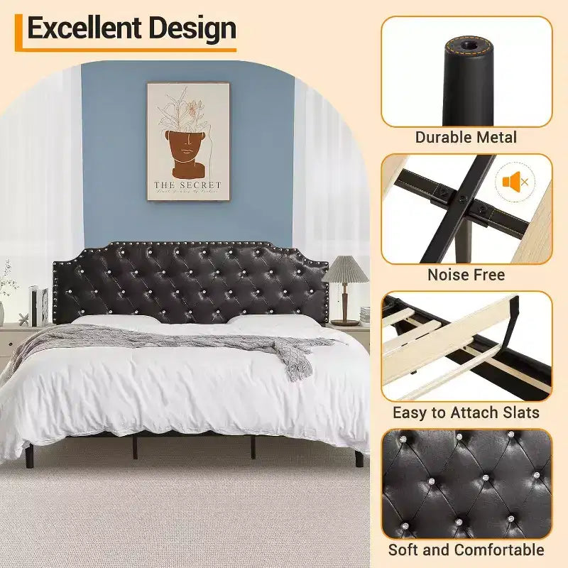 Letto king size con piattaforma, imbottito nero, testiera trapuntata con bottoni, 15 cm di spazio sotto il letto, doghe in legno, senza rete a molle, facile montaggio