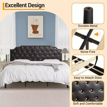 Letto king size con piattaforma, imbottito nero, testiera trapuntata con bottoni, 15 cm di spazio sotto il letto, doghe in legno, senza rete a molle, facile montaggio