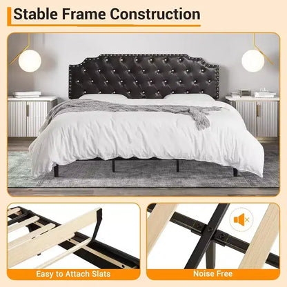Letto king size con piattaforma, imbottito nero, testiera trapuntata con bottoni, 15 cm di spazio sotto il letto, doghe in legno, senza rete a molle, facile montaggio