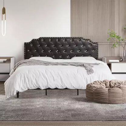 Letto king size con piattaforma, imbottito nero, testiera trapuntata con bottoni, 15 cm di spazio sotto il letto, doghe in legno, senza rete a molle, facile montaggio