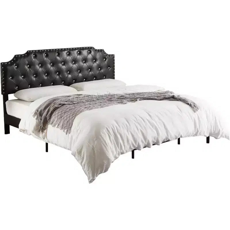 Letto king size con piattaforma, imbottito nero, testiera trapuntata con bottoni, 15 cm di spazio sotto il letto, doghe in legno, senza rete a molle, facile montaggio