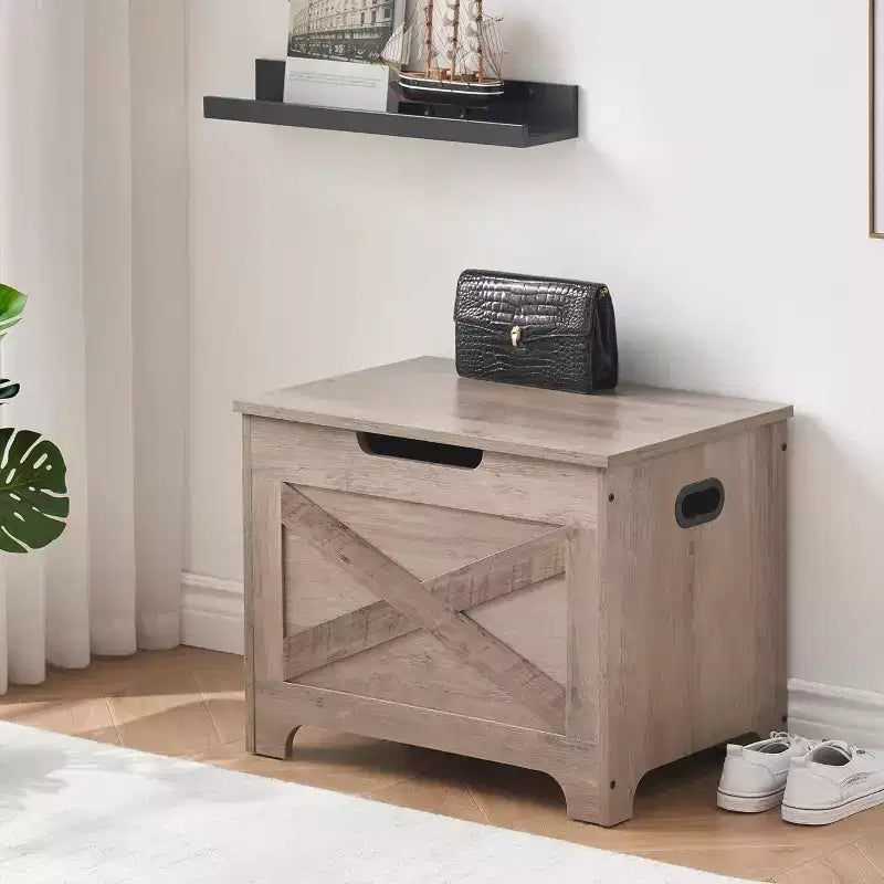 Panca Contenitore in Legno con Cerniera di Sicurezza, Seduta Multi-Uso e Organizer con Maniglie Laterali