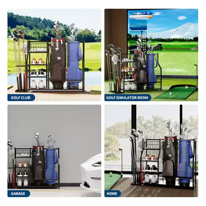 Organizzatore per sacche da golf, Organizzatore per attrezzature sportive, Organizzatore sportivo da garage, Supporto per sacche da golf da garage con cestini e ganci