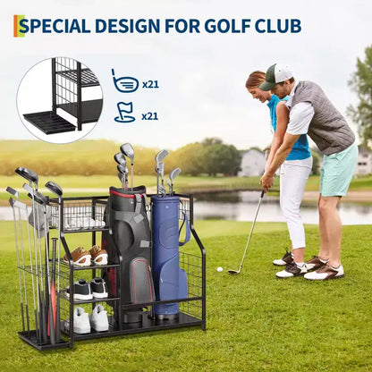 Organizzatore per sacche da golf, Organizzatore per attrezzature sportive, Organizzatore sportivo da garage, Supporto per sacche da golf da garage con cestini e ganci
