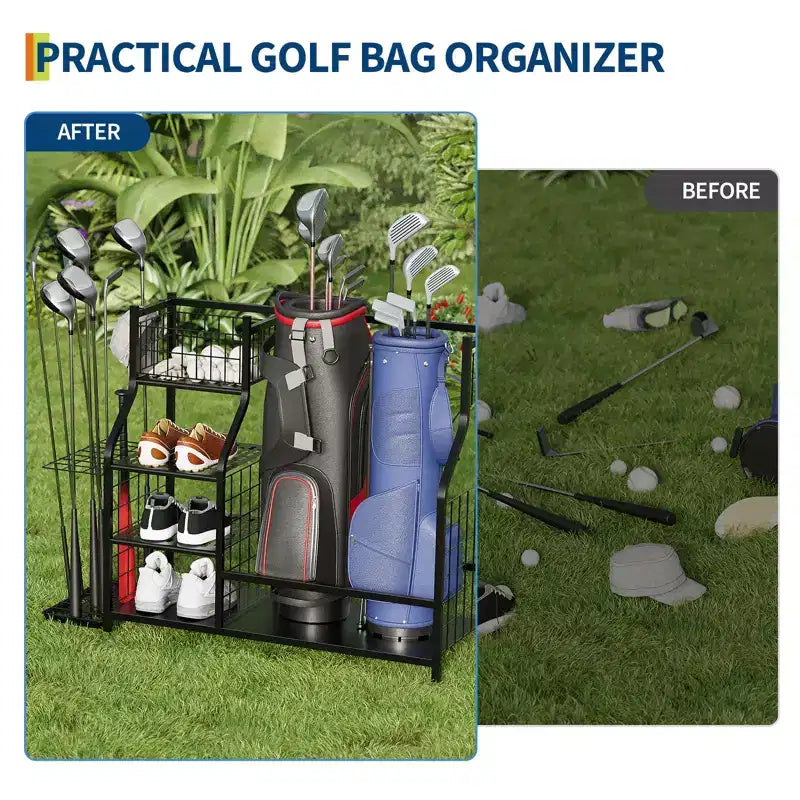 Organizzatore per sacche da golf, Organizzatore per attrezzature sportive, Organizzatore sportivo da garage, Supporto per sacche da golf da garage con cestini e ganci
