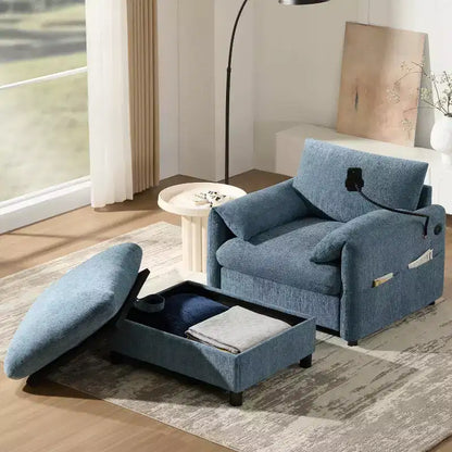 Divano singolo multifunzione in ciniglia con pouf contenitore e braccioli imbottiti